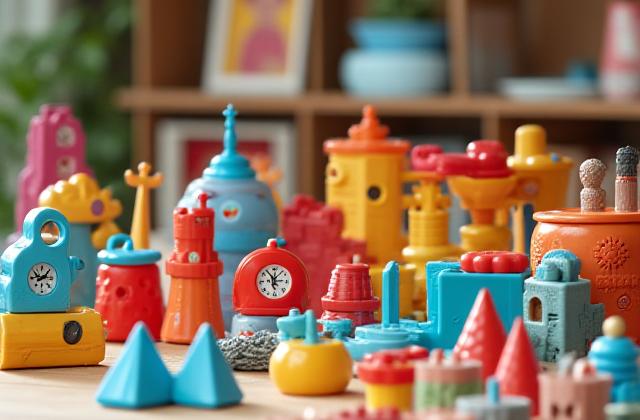 Colourful toys and educational kits displayed on a wooden table